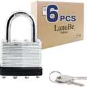 LanuBe Lock Laminated keyed Padlock (1-9/16", 40mm), keyed Alike Locks, Normal Shackle,Marked Black Plastic Hoop, Pack of 6