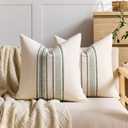 Striped Linen Textured Throw Pillow Covers 18x18 Inch Set of 2,Boho Decorative Cushion Covers, Neutral Olive Green Accent Pillowcases for Couch, Sofa, Bed Farmhouse & Modern Living Room Decor