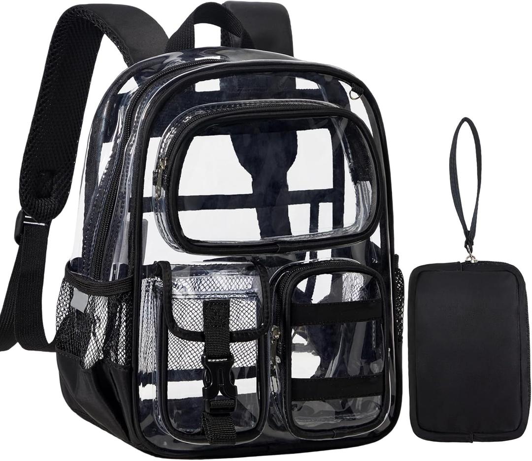 Mini Clear Backpack for Stadium Approved 12x6x12, Small Transparent Backpacks Plastic See Through Clear Bag for Kids Grils Women for Sporting Event, Concerts, Work, Festival (Black)