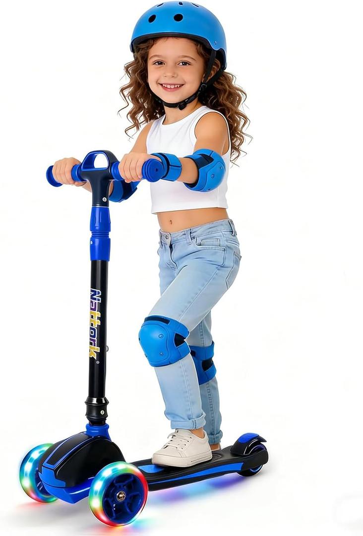 Nattork Kids Scooter for Age 3-8, Toddler Scooter with 4 Adjustable Height for Boys & Girls, Light Up 3-Wheels Foldable Kick Scooter, Lean to Steer, 120LB Weight Capacity