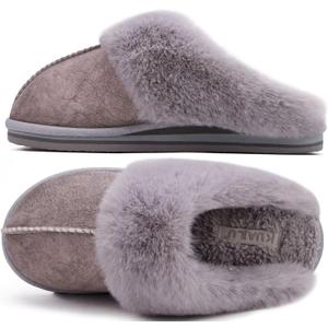 KuaiLu Women's Fluff Dual Memory Foam Slippers Ladies Cozy Arch Support Warm Scuff Slippers Slip on Comfy Winter House Shoes with Non-Slip Indoor Outdoor Hard Sole (10, Grey)