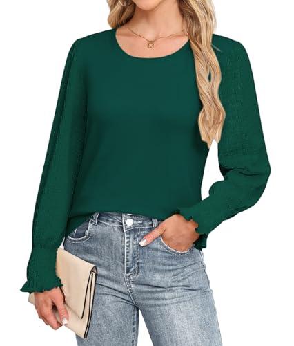 Kopinma Blouses for Women Casual Puff Long Sleeve Shirts Crew Neck Blouses Knite Textured Smocked Cuffs Tunic Top Green XL
