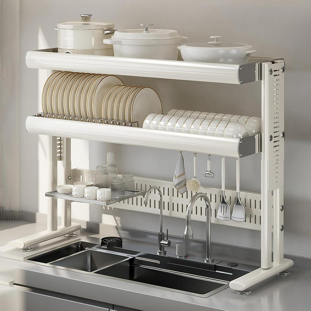 Large Over The Sink Dish Drainer Drying Rack2 Tier Large Capacity Stainless Steel Dish Drying Rack Over Sink, Multifunctional Kitchen Organizers and Storage Dish Rack (White, Double Layer)
