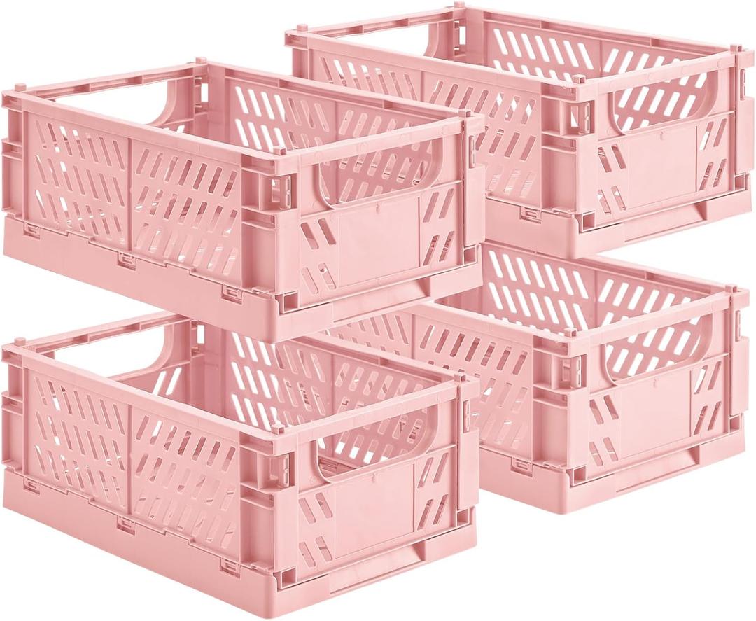 4-Pack Small Pastel Plastic Storage Baskets, Collapsible Crates for Organizing, Space-Saving Mini Bins for Classroom, Kitchen, Office, Bedroom (Pink, 9.8" x 6.5" x 3.8"Medium)