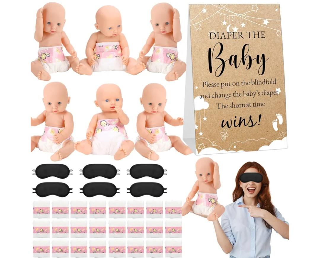 37 Pcs Baby Shower Diaper Changing Game Supplies Including Dolls Blindfold Diapers Cardboard Sign Baby Changing Diaper Race Game Set for Gender Reveal Party (Elegant)