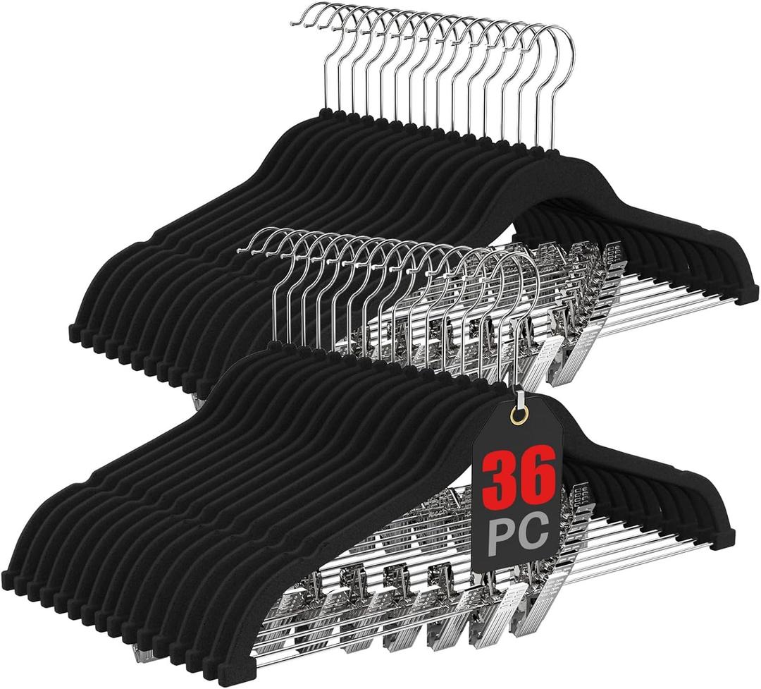 Korpai 36-Pack Black Velvet Hangers with Clips Adjustable,Adult Hangers,Outfit Hanger,Heavy-Duty,Felt,Non-Slip,Space Saving, for Pants, Skirts, Suits,Coats, Dresses ect.