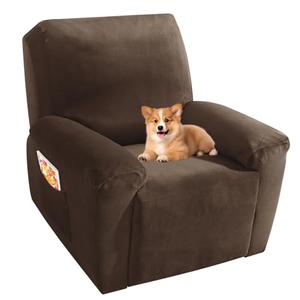MAXIJIN Velvet 4 Piece Recliner Cover Stretch Plush Soft Recliner Chair Covers Thick Soft Reclining Chair Slipcovers Furniture Protector with Side Pocket for Kids, Pets (Recliner,Dark Coffee) Size 1 Seats