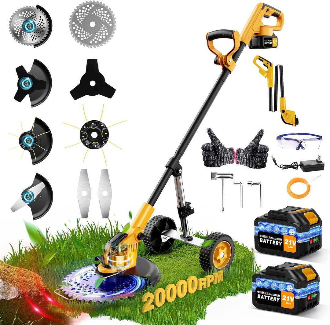 20000 RPM Electric Stringless Weed Wacker, Cordless Weed Eater Battery Powered 6000mAh, 4-in-1 Brush Cutter Heavy Duty/Weed Trimmer/Lawn Mower Edger W/Wheel Metal Blade, 2 Battery Garden Yard Tool