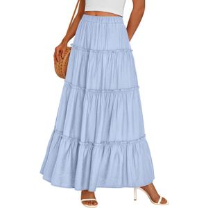 PRETTYGARDEN Boho Maxi Skirts for Women Trendy Summer 2026 Spring Long Flowy A Line Tiered Skirt Beach Vacation Clothes Dress (Blue, L)