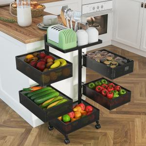 5-Tier Rotating Kitchen Storage Cart on Wheels, Metal Fruit Vegetable Basket Organizer, Rolling Utility Cart with Locking Casters, No Assembly Required (Black)