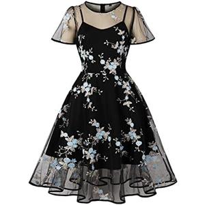 Women Mesh Floral Embroidery Vintage Cocktail Swing Dress Illusion 50s Goth Flared A line Casual Wedding Prom Evening Dress L