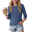 LessonZoo Girls 3/4 Sleeve Crewneck T Shirt, Haze Blue, 9-10y (Blue)