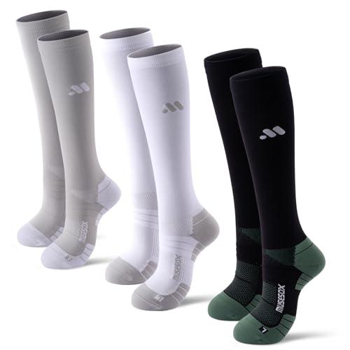 musesox Compression Socks for Women and Men,Knee High 15-20mmHg Graduated Support(3 Pairs) for Nurses,Travel,Black White Gray,Medium