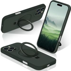 STERKER Designed for iPhone 16 Pro Max Case Silicone with Magnetic Stand Ring Holder [Compatible with Mag-Safe][Soft Anti-Scratch Microfiber Lining] Protection Phone Case, Green