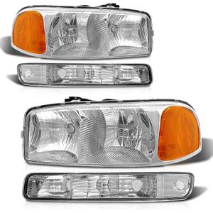 Headlight Assembly for 1999-2006 GMC Sierra 1500 2500 3500 Compatible with 99-06 GMC Yukon/GMC Yukon XL Model Chrome Housing Amber Reflector Clear Lens Replacement(No fit GMC Yukon Denali)