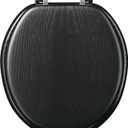 Round Wood Toilet Seat Support 400 lbs, Heavy Duty Toilet Seat with Wood Veneer for Home Bathroom, Wooden Black Toilet Lid with Chrome Hinges, Grip-Tight Bumpers, Easy Clean, Easy Install