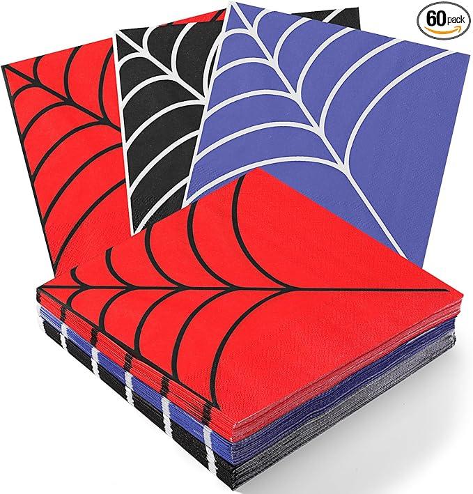 Glenmal 60 Pcs Spider Web Napkins, Spider Themed Red Blue Black Cobweb Hand Towel, Disposable Paper Decor Guest Cocktail Napkins, for Party Lunch Dinner Kitchen Bathroom Halloween