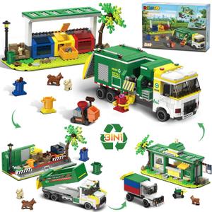 City Garbage Truck Building Set, 3-in-1 811PCS Recycling Station Building Block Vehicle Toy with 3 Trash Sorting Bins Dumpster Model Birthday for 8-12+ Years Old Kids Boys Girls