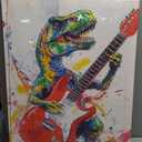 Dinosaur Canvas Wall Art Graffiti Dinosaur Pictures Colorful Prints Abstract Animals Playing Guitar Posters for Bedroom Decor(Animal-1,16L x 24W)