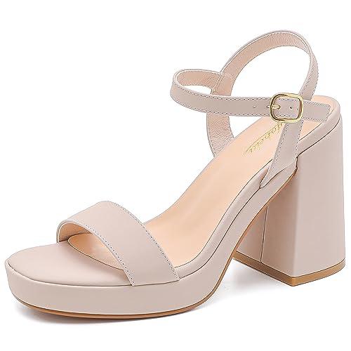 Gufobela Platform Sandals Women High Heels for Women Sandals Block Heels Chunky Nude Heels for Women Wedge Open Toe Fashion Wedding Evening Prom Party Summer Dress Shoes (1101 Nubuck Nude 7.5)