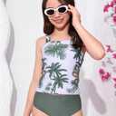 SOLY HUX Girl's Swimsuits Tropical Print Cutout Tankini Set 2 Piece Summer Bathing Suits (Green) 9Y