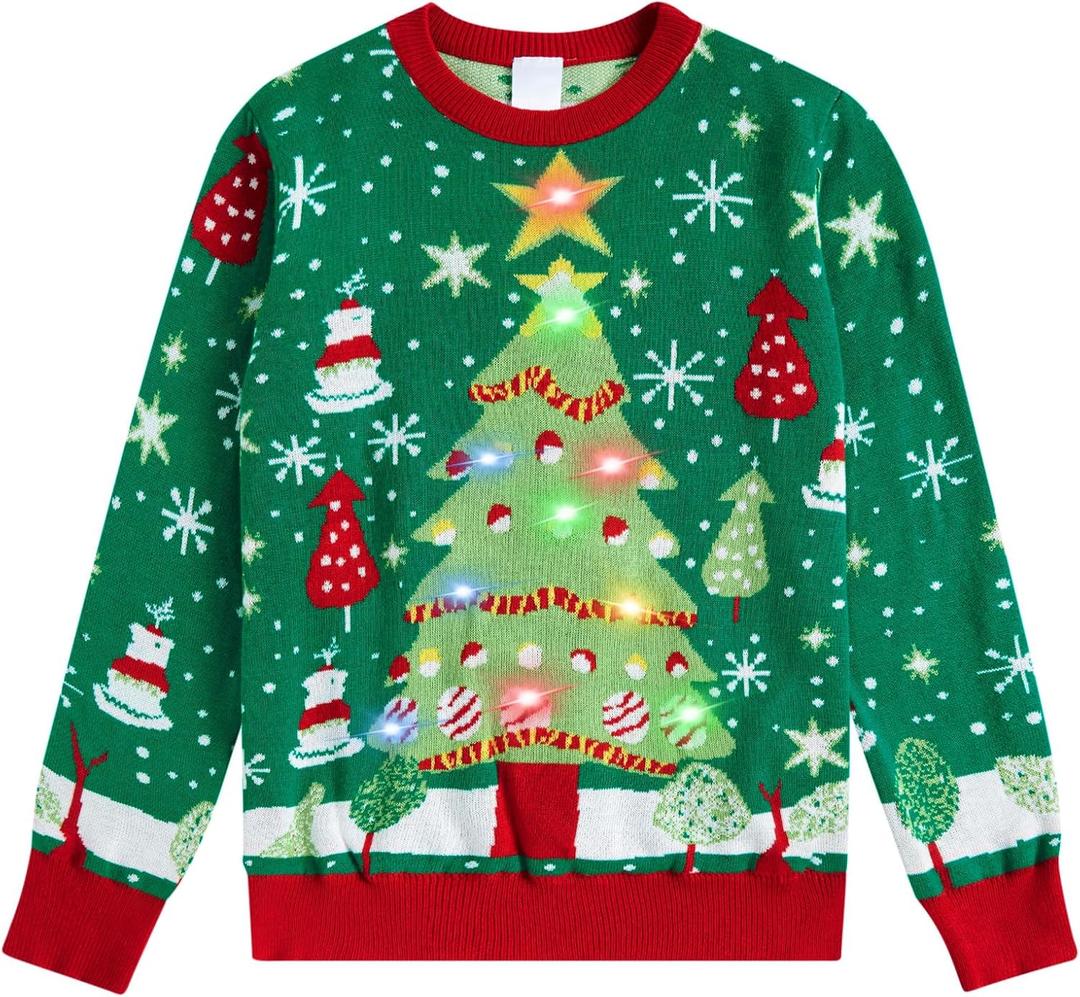 ADUKIDE Boys Ugly Christmas Sweater Xmas LED Light up Sweatshirt Girls Long Sleeve Knit Pullover Size 5-14T (11-12 Years, Christmas Tree Green)