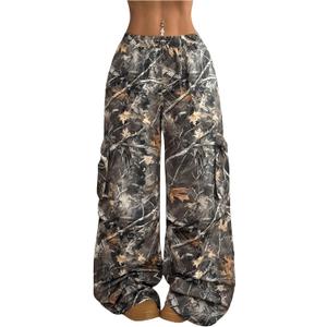 Verdusa Women's Camo Cargo Baggy Pants Y2K Streetwear Drawstring Wide Leg Trousers Flare Sweatpants (X-Large, Army Green)