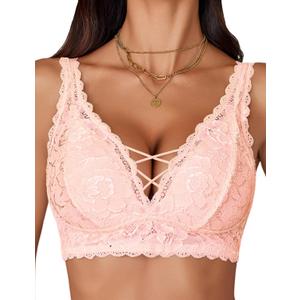 Avidlove Bralettes for Women Lace Bralette Non Padded Longline Bra V Neck Criss Cross Sexy Bras (M, Light Pink)