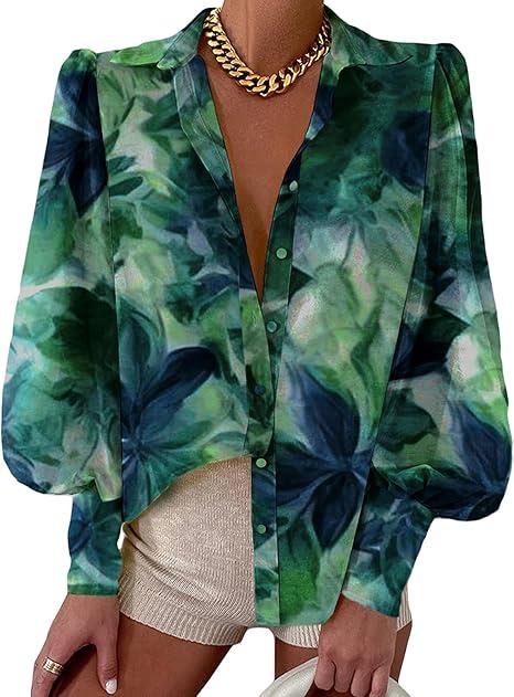BTFBM Women Fashion Button Down Shirts V Neck Printed Solid Boho Long Sleeve Blouses Dressy Casual Summer Spring Tops (Small, Green)