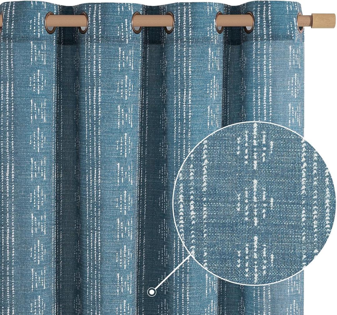 jinchan Boho Curtains Linen Blend Drapes for Living Room Farmhouse Blue 84 Inch Length for Bedroom Semi Sheer Grommet Drapes Striped Printed Mudcloth Light Filtering 2 Panels Set (50"W x 84"L (Pack of 2)