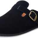 Genuine Suede Leather Clogs for Women's Men's Slip on Mules Antislip Cork Sandals Shoes with Buckle Arch Support Black 44