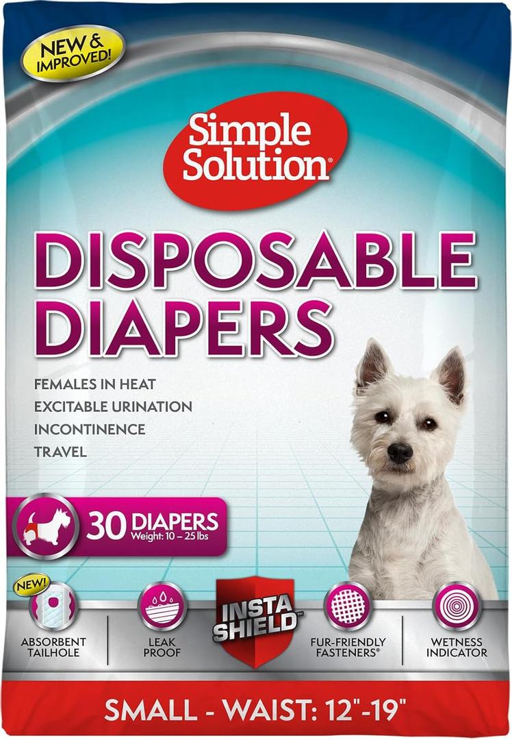 Simple Solution Female Dog Diapers – Disposable Diapers for Potty Training, Incontinence, and Heat Cycle Protection – Leak-Proof Fit for Small Dogs, 12–19 Inch Waist – 30 Count