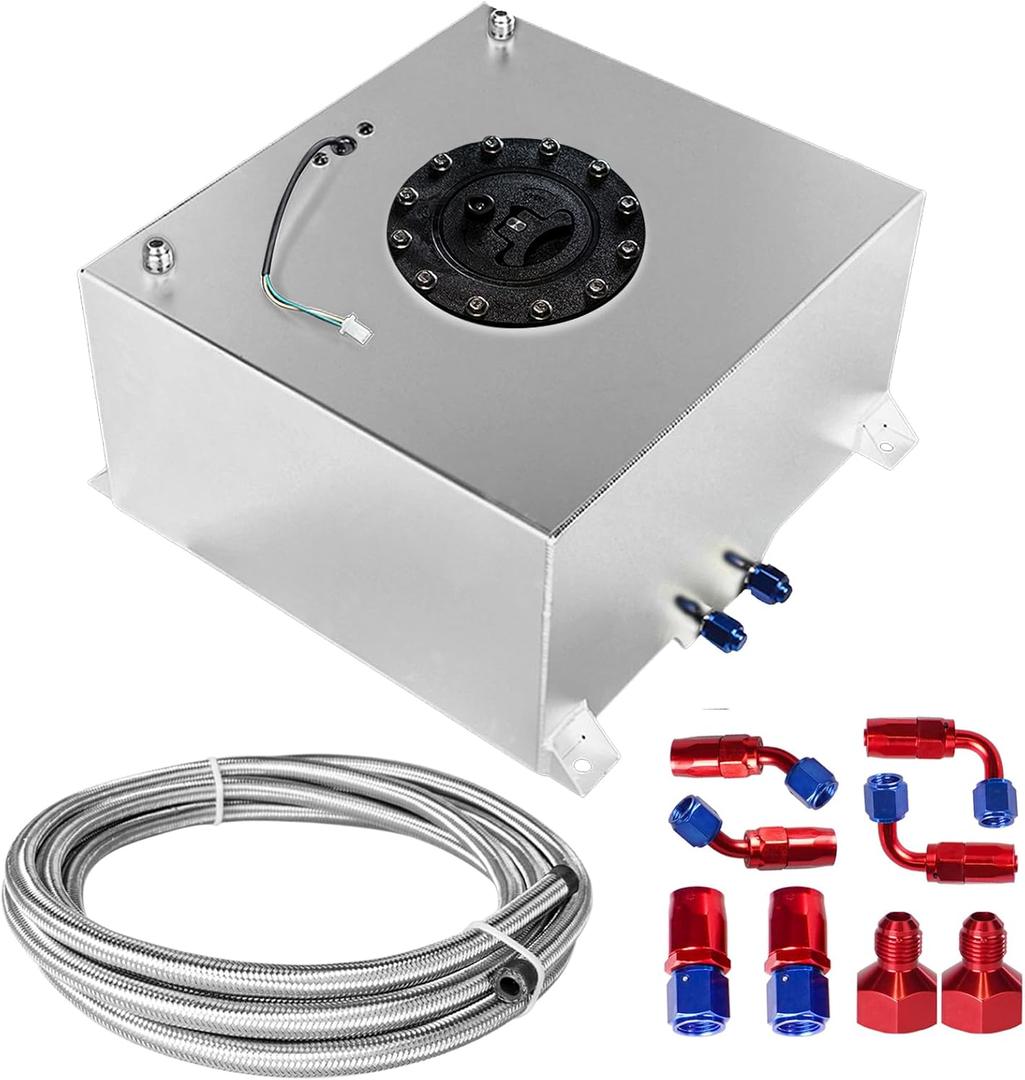 10 Gallon 40L Fuel Cell Polished with Cap/Level Sender/12FT Oil Feed Line Silver
