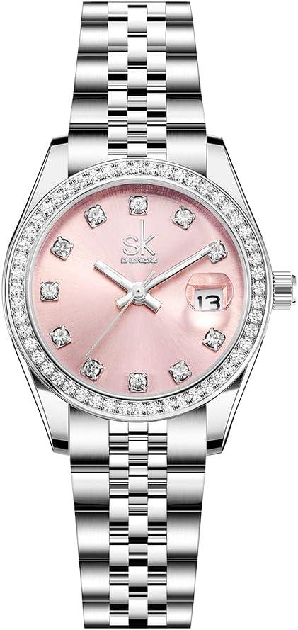 SHENGKE Women's Crystal Accented with Solid Alloy Steel Band Watch Elegant Dress Quartz Calendar Watches for Women