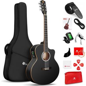 Vangoa 3/4 Acoustic Electric Guitar Kit for Beginners, 36 Inch Acoustic Cutaway Guitar Junior Size Travel Acustica Guitarra Bundle for Adults, Teens, Upgraded Starter Kit, Black Matte
