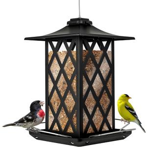 Nature's Way Outdoor Garden Décor Hanging Wild Bird Seed Feeder, Metal Lantern Gazebo Feeder, Easy Fill, Rain Drainage, Black