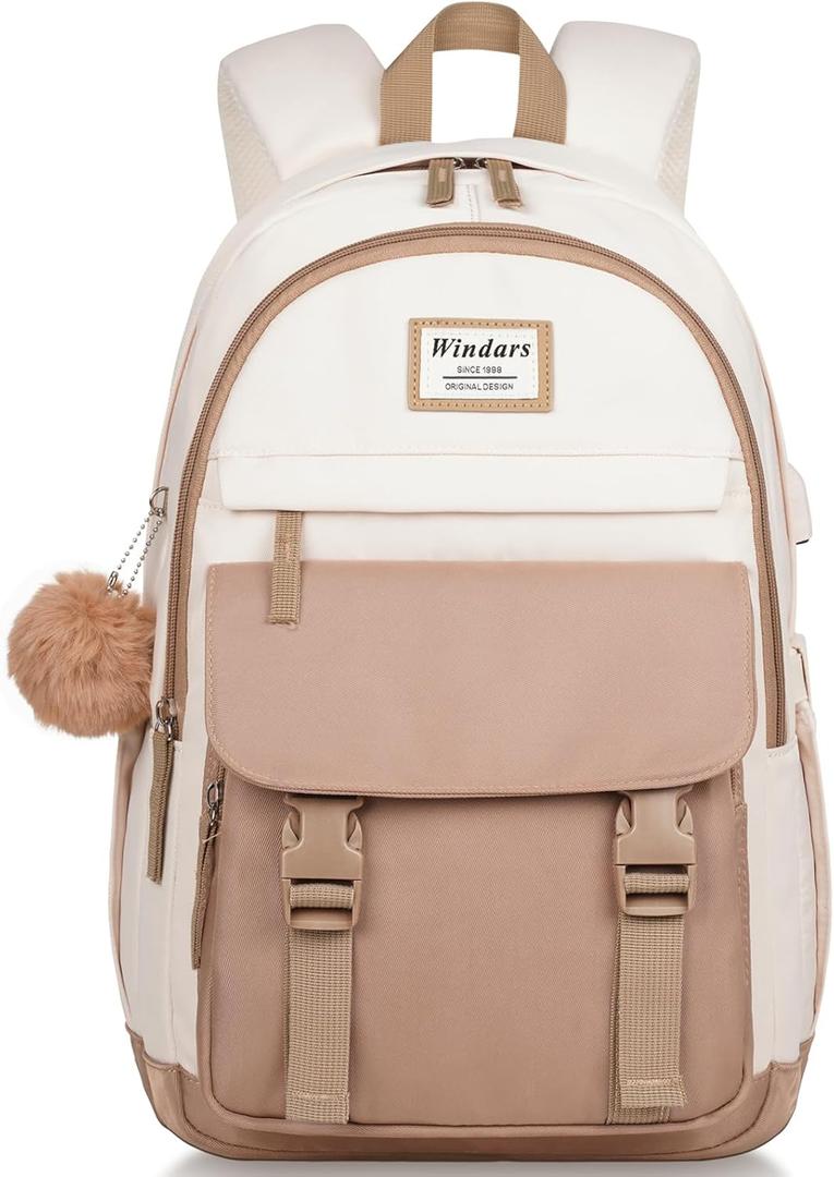 School Backpack for Teen Girls, Cute College Backpacks for Women Students Aesthetic Bookbag Large 17.3 Inch Laptop Bag Middle School Travel Back Pack (Khaki Beige)