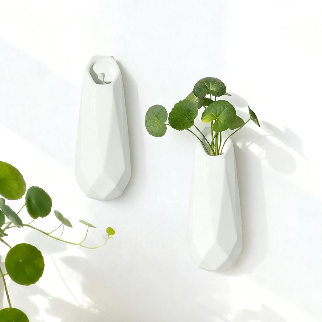 2 Pack GDSZJLJ Scandinavian Wall Ceramic Vase, White Hanging Wall Vase for Flowers, Minimalist Decor for Living Room, Bedroom & Bathroom (Small)