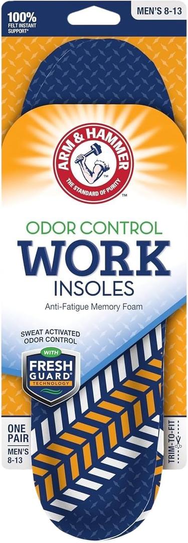 Arm & Hammer Memory Foam Work Insoles for Men and Women, Pair of Anti-Fatigue Memory Foam Inserts with Arch Support for Work Boots, Sneakers, Or Dress Shoes. (1 Pack)