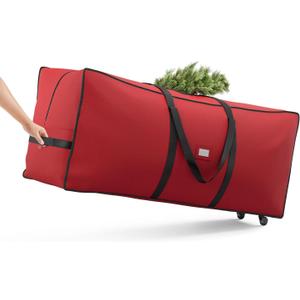 SONGMICS Christmas Tree Storage Bag with 1.6-Inch Wheels, Rolling Storage Bag, up to 9 ft, For Disassembled Holiday Tree, Length-Adjustable Handles, 600D Oxford Fabric, Cherry Red URXS004R01