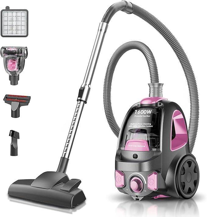 PKUYIE Canister Vacuum Cleaner, 32Kpa 1600W Cyclon Power, Dust Full Indicator, Double HEPA Filters, 3.7Qt Large Capacity, Lightweight Vac for Hard Floors, Carpets, Pet Hair, Pink