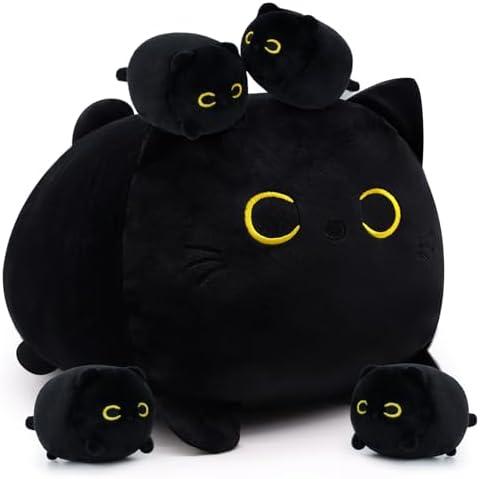 LSYDCARM Cat Stuffed Animals with Babies, Black Cat Plush with Babies, Mommy Cat with 4 Baby Kittens Kawaii Black Cat Plushie Toy Birthday Gifts for Kids Boys Girls