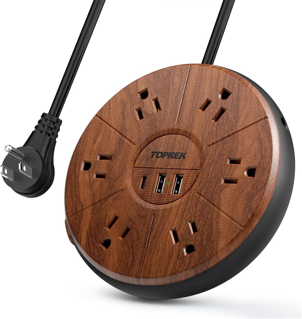 Power Strip with USB, PD 20W USB-C Charging, 6.5 FT Extension Cord with 6 Outlets, 1 USB-C, 2 USB-A, TOPREK Power Strip Surge Protector, Wood Finish Desk Charging Station for Home, Office, Dorm