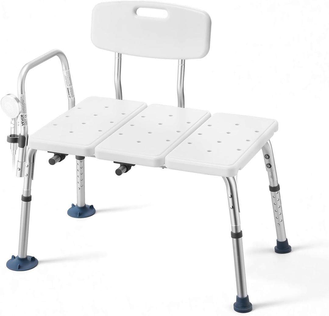 VEVOR Tub Transfer Bench for Bathtub, 400 lbs Weight Capacity Heavy Duty Shower Chair with Arm and Backrest, Height Adjustable Bathroom Shower Bench Bath Seat for Adults, Seniors, Elderly and Disabled