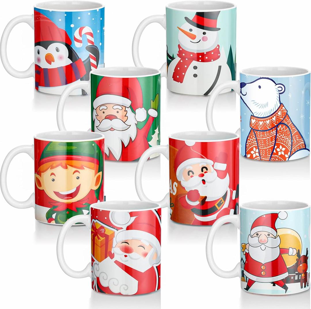 Nuogo 8 Pieces Christmas Coffee Mugs Bulk 11 oz Set with Handle Ceramic Matching Xmas Mugs for Home School Office Table Centerpieces Housewarming Holiday Party Gift