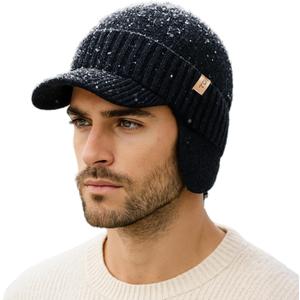 TOP-EX DryKnit XL/XXL 80% Merino Wool Waterproof Brim Beanie with Ear Flaps Fleece Lined Hat for Cold Weather