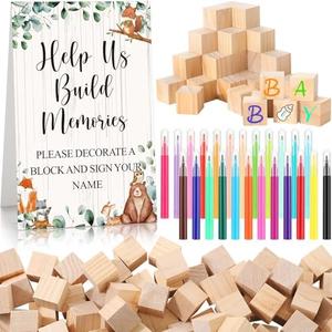 Dinifee 125 Pcs Baby Shower Decorate a Block Game Set Includes Help Us Build Memories Sign 100 DIY Blank Wooden Block 24 Paint Marker Prize for Wedding Baby Shower Game(Forest Animal)