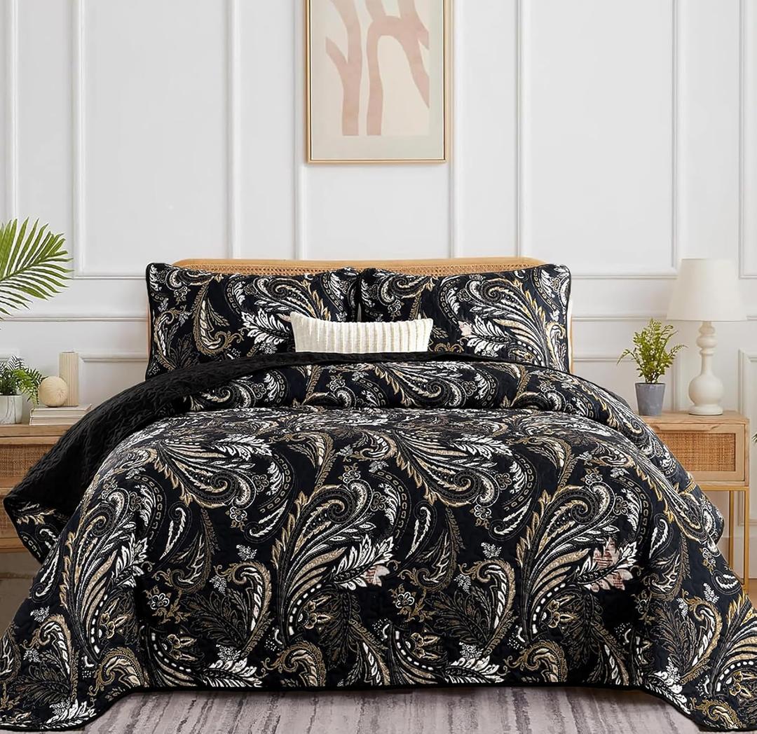 WONGS BEDDING Boho Quilt Set King,Black Paisley Floral Pattern Bedspread Coverlet Set with 2 Pillowcases,3 Piece Lightweight Microfiber Bohemian Quilt Bedding Set 104"90"