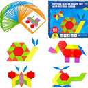 155 PCS Wooden Pattern Blocks Set, 24 Double-Sided Design Cards(48 Patterns) Geometric Shape Puzzle Fun Tangram Montessori Learning Toys for Kids Ages 4-8 (A Storage Bag & A Gift Box)