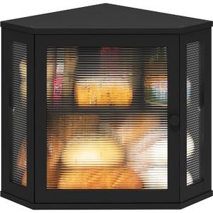 viewcare Corner Bread Box for Kitchen Counter, Bamboo Wood Black Bread Box, Large Capacity Bread Storage Bin with Acrylic Wavy Door Panel (Black, Meduim)